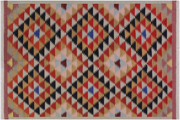 Flat Weave Kilim, Antique, Navaho, Vintage, Handmade, Modern Kilim Pink Rust Hand-Woven Rectangle 100% Wool Area Rug 5 x 7